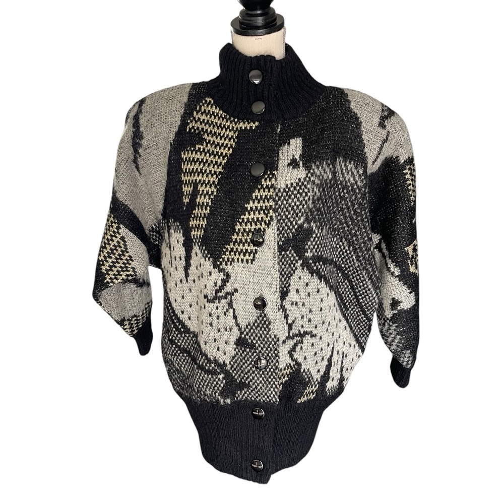 Vintage 80's Black/Grey/Gold Pattern Mohair High Neck Button Front Cardigan (M) - Picture 6 of 16